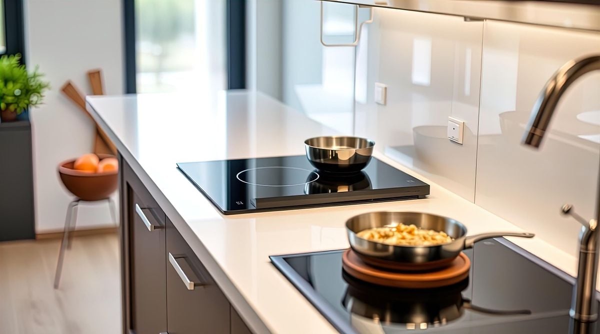 Cozinha moderna com cooktop de indução instalado na bancada e panela aquecendo