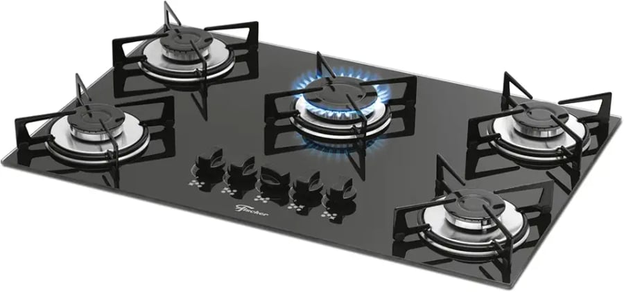 Cooktop a gás Fischer de 5 bocas com mesa de vidro preta bivolt