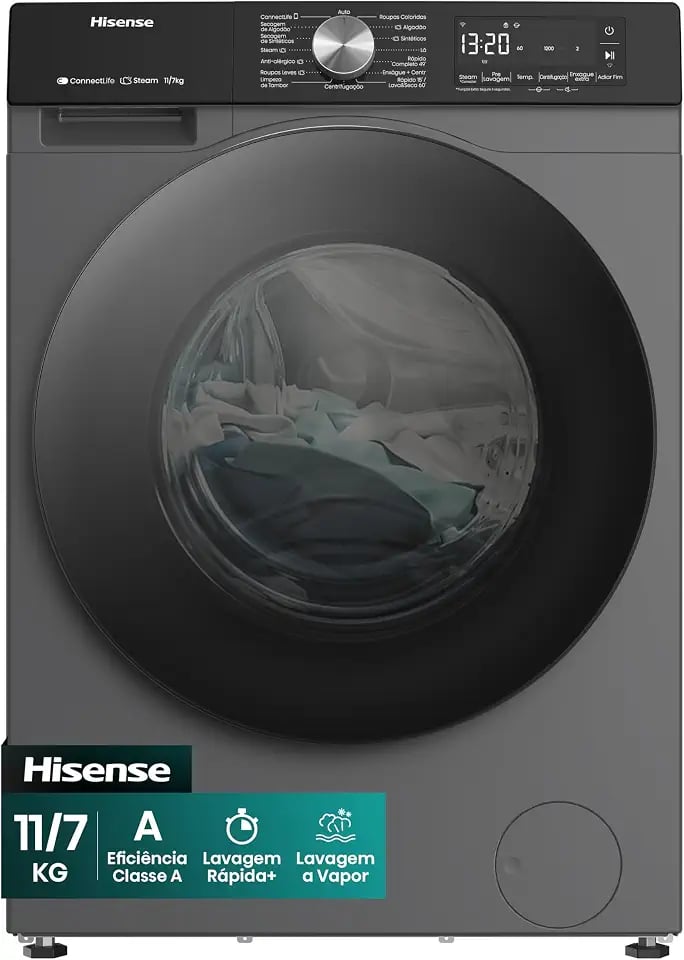Máquina de lavar e secar roupa Hisense 11kg com vapor e motor inverter