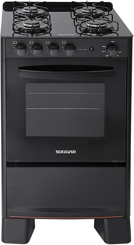 Fogão Suggar Cook Glass 4 queimadores com mesa de vidro preta