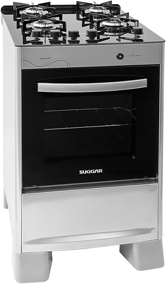 Fogão Suggar Neo Glass prata de 4 bocas com mesa de vidro