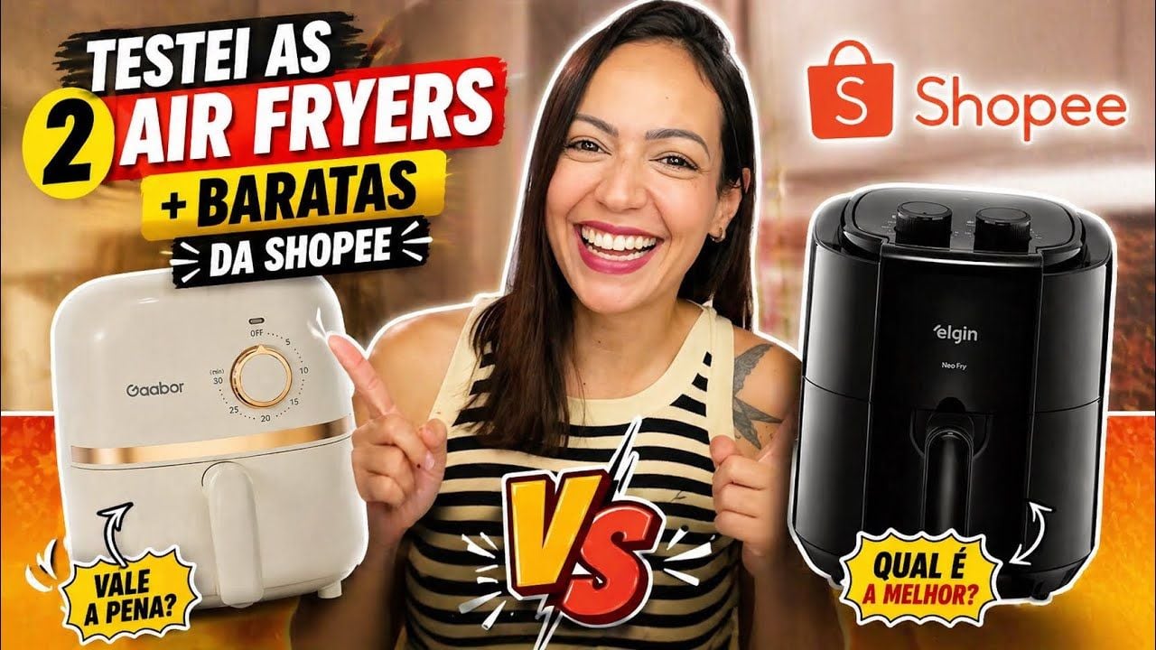 Vídeo comparando air fryers compactas e pequenas