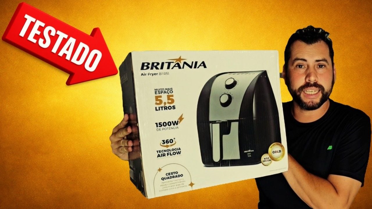 Vídeo com review de uma air fryer Britânia de 5,5 litros