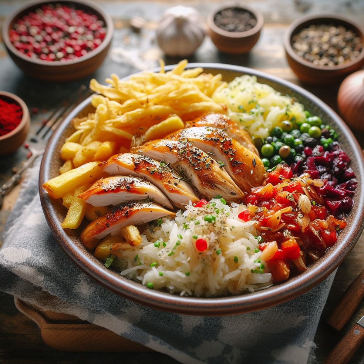 Refeição assada com frango dourado, batatas e legumes preparada em air fryer e forno