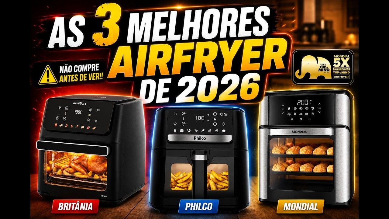 Vídeo comparando air fryers grandes Philco e Mondial