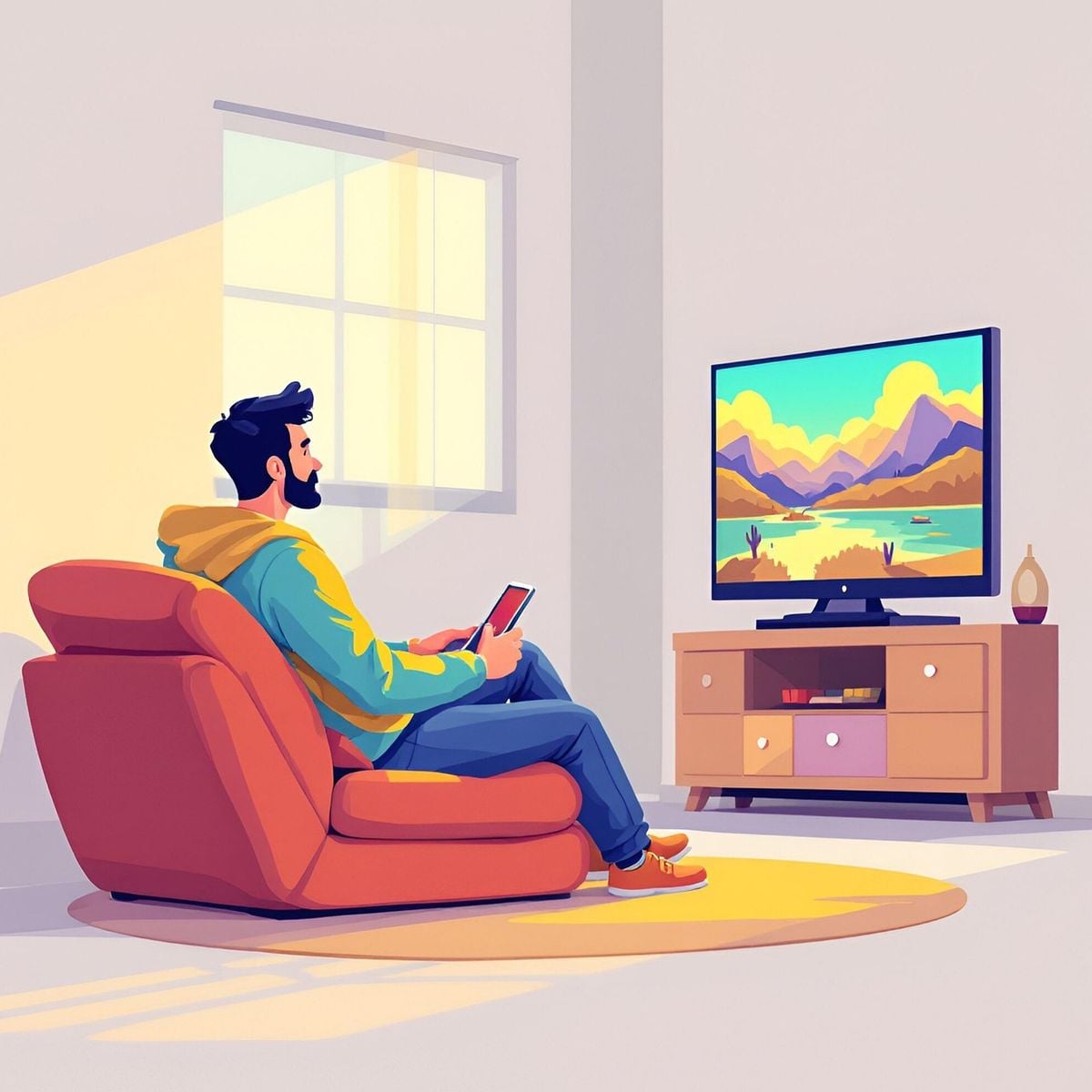 Pessoa assistindo streaming na TV com o celular na mão
