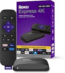 Roku Express 4K em formato de caixa com cabo HDMI
