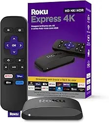 Roku Express 4K em formato de caixa com cabo HDMI
