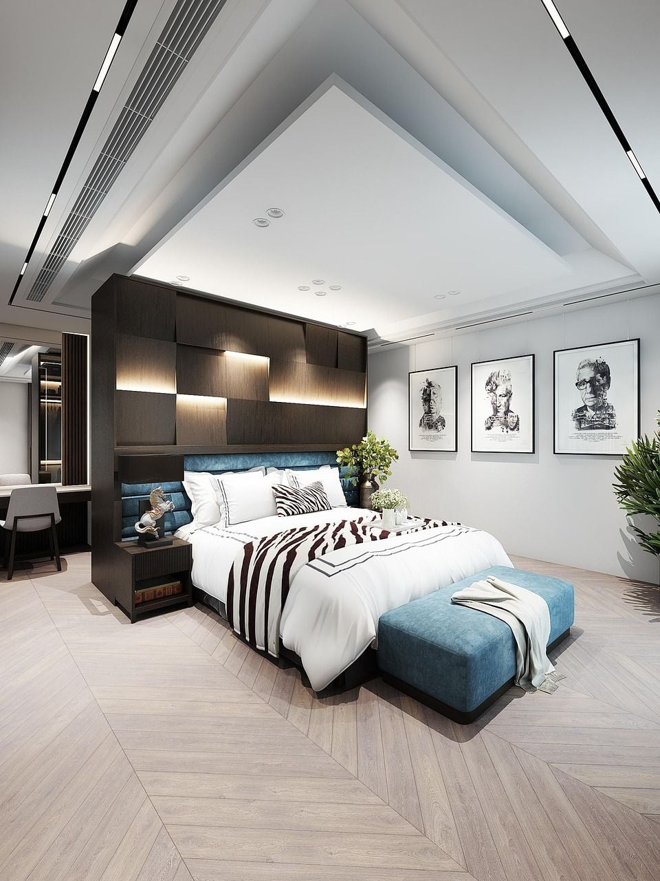 Quarto moderno com cama e ponto de climatização, ambiente ideal para ar-condicionado portátil