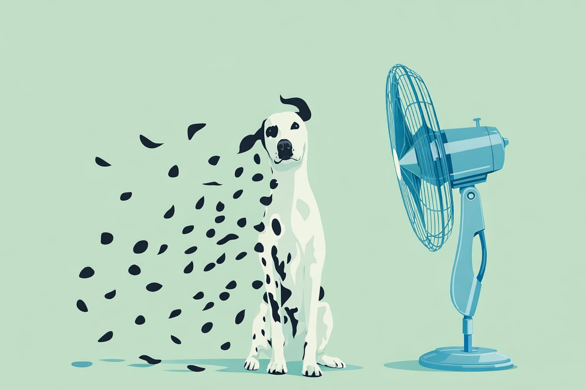 Ilustração de cachorro soltando pelos enquanto um ventilador espalha a pelagem