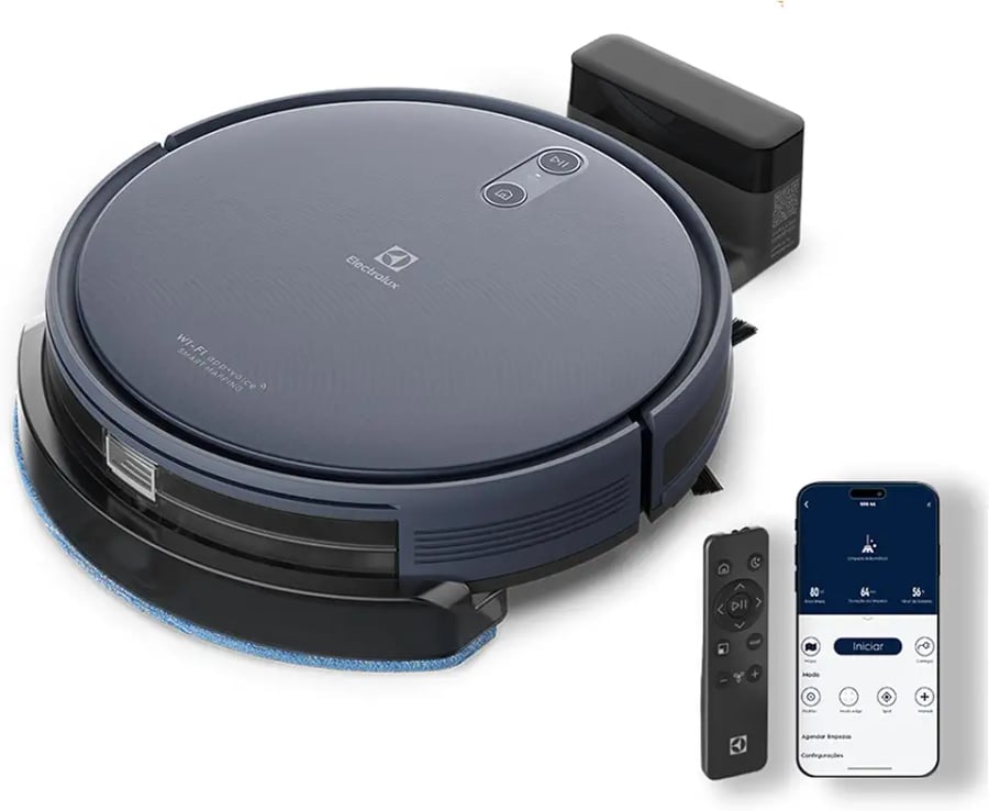 Aspirador de pó robô Electrolux conectado ERB44 azul que varre, aspira e passa pano